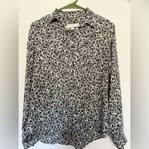LOFT Women’s Black, Blue and Beige Leaf and Flower Pattern Shirt